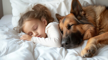 dolce bambina che dorme abbracciato al suo pastore tedesco  tra le candide coperte bianche del suo letto