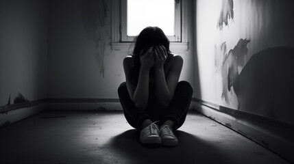 Depressed woman sitting alone on the floor with head in hands, black and white