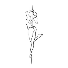 Pole dancer continuous line drawing, tattoo, dancing girl beautiful female abstract silhouette, print for clothes and logo design, silhouette on black background, isolated vector illustration.