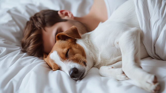 giovane uomo che dorme sereno con il suo grosso cane in un letto bianco