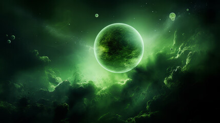 Mystical green planet surrounded by space nebulas and stars