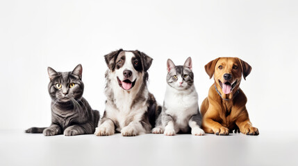 Fototapeta premium Two cats and two dogs sitting together on white background