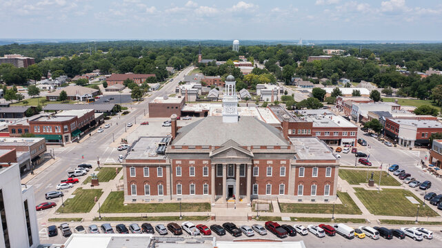 Independence, Missouri, USA - June 16, 2023: Afternoon sunlight shines on the historic core of downtown Independence.
