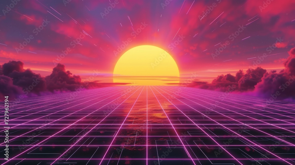 Sticker retro futuristic synthwave style background with neon grids and sunset