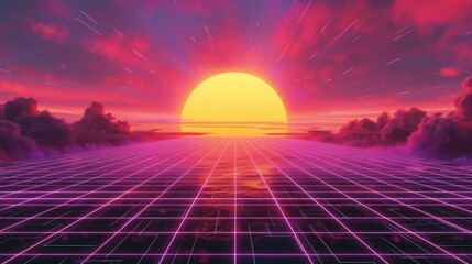 Retro futuristic synthwave style background with neon grids and sunset