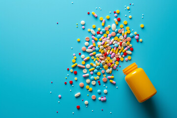 pills and pill yellow bottle isolated blue background, Herbal pills and plastic jar isolated on blue background. Medical concept/ Benner. Postcard horizontal. - obrazy, fototapety, plakaty