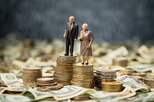 couple older figure standing on money coins saving for concept pension and retirement planning