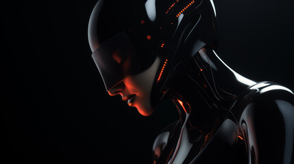 Portrait of the female robot in a black helmet. The person in a profile close up on a black background. New modern technologies. - 727962727