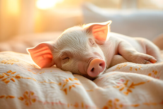 cute little piglet sleeping on a pillow, warm soft bed. Pig, pet, daylight, Mini pig, minnie pig. Village, country house. Sun beams. Cozy and light. White and pink