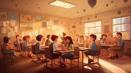 Fototapeta na wymiar Illustrated cartoon classroom, school classroom, going to school