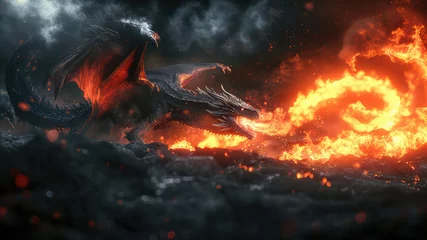 Türaufkleber Fire breathes explode from a giant dragon in a black night, the epic battle evil - concept art © ImagineDesign