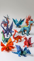 Diverse set of origami creations ranging from butterfly to dinosaur in artistic paper folds