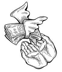 Big dollars banknotes money in your hands. Finance business, commerce, payment economy  theme for poster print, design elements. Take or give loan. Hand drawn illustration. Cartoon style drawing.