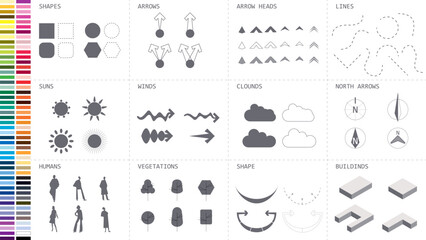 architecture site analysis symbol icon element drawing graphic flat isolated vector. architecture element line sun wind sound sun path vegetation.