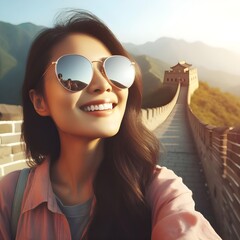 Happy female lady tourist at great wall of China wearing reflective sunglasses - obrazy, fototapety, plakaty