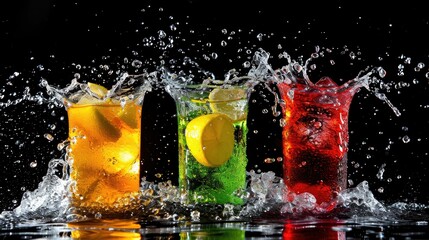 Colorful cocktails with splashes and drops of water on black background