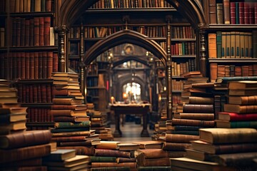 Obraz premium Traditional wooden steps in vintage library. 