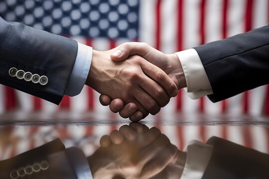 Business handshake with American flag reflection on table