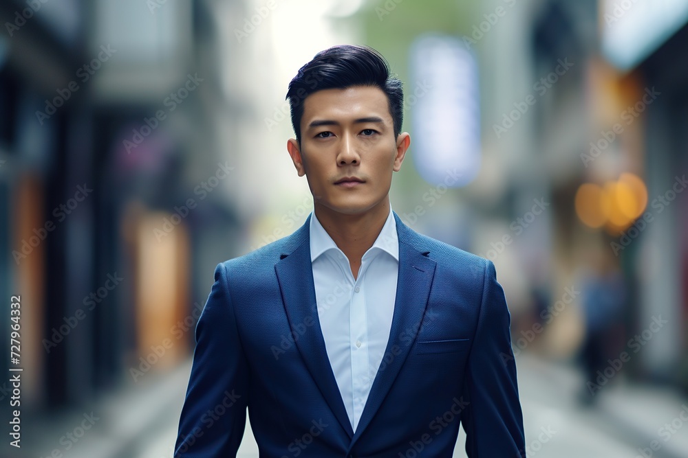 Wall mural Portrait of handsome asian businessman in suit walking on urban street