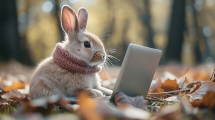 Cute bunny call center worker, online support worker in headphones with laptop. Bunny working outside. Funny creative concept for advert, poster, app, web