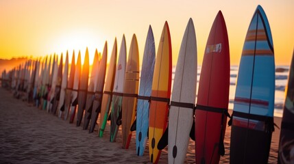 Surfboard on the beach at sunset - panoramic banner. Surfboards on the beach. Vacation Concept with...
