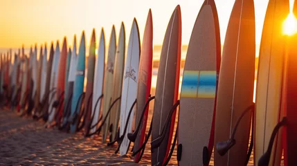 Fototapeten Surfboard on the beach at sunset - panoramic banner. Surfboards on the beach. Vacation Concept with Copy Space. © John Martin