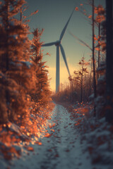 Beautiful view through a narrow path on a wind power plant. Sunset. AI generated