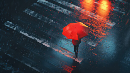 illustration painting of top view woman with red umbrella crossing the street,rainy night.