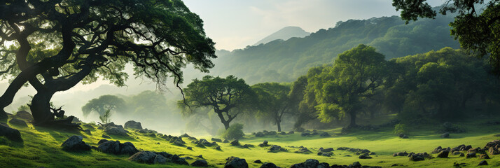 Spring landscape: green trees in the forest near a meadow with green grass in the morning in light...