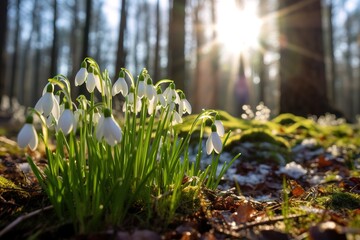 Obraz premium White snowdrops in the forest on a sunny day