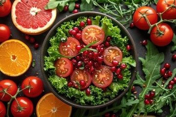 Salad Healthy Fresh background. Homemade vegetarian salad with tomato, greens. Vegan mixed meal for restaurant, menu, advert or package, close up. Top view