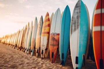 Fototapeten Surfboards on the beach at sunset time - Vintage filter effect. Surfboards on the beach. Vacation Concept with Copy Space. © John Martin