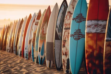 Fototapeten Surfboards on the beach at sunset time - Vintage filter effect. Surfboards on the beach. Vacation Concept with Copy Space. © John Martin