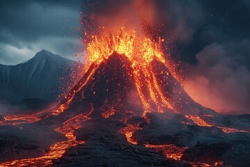 Volcano lava erupting with ash