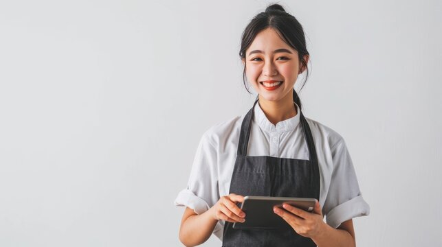 young smiling welcome asian female woman business owner wear apron hand holding tablet ready for your order on white color background, restaurant, pretty, uniform