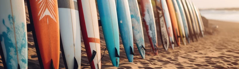 Fotobehang A row of surfboards on the beach. Close-up. Surfboards on the beach. Vacation Concept with Copy Space. © John Martin