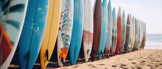 Surfboards on the beach. Surfboards on the sand. Surfboards on the beach. Vacation Concept with Copy Space.