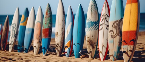 Surfboards on the beach. Vintage style. Selective focus. Surfboards on the beach. Vacation Concept with Copy Space.