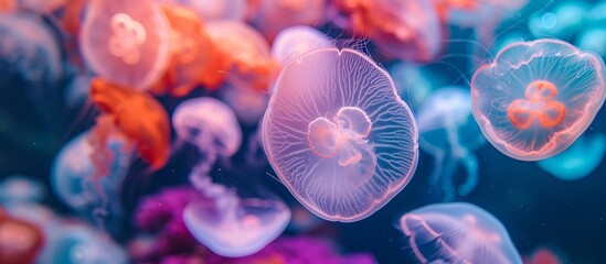 Glowing Jellyfish Majestically Swim in Serene Lake Surrounded by Vibrant Jellyfish Community