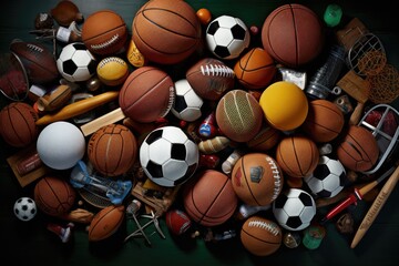 A pile of various types of sports balls, ready to be used for play, recreation, and enjoyment, Sports Equipment, AI Generated