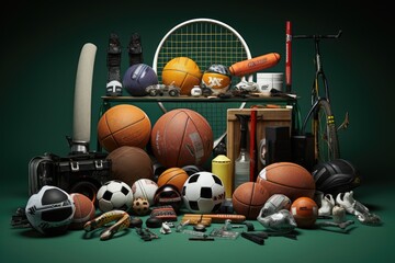 A collection of various sports balls, including soccer, tennis, basketball, volleyball, baseball,...