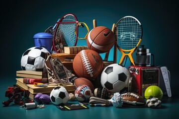 A pile of various sports items, including a basketball, soccer ball, baseball, and tennis racket,...