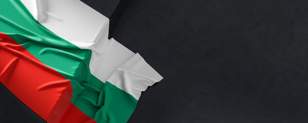 Flag of Bulgaria. Fabric textured Bulgaria flag isolated on dark background. 3D illustration - obrazy, fototapety, plakaty