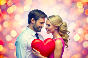 Romantic couple celebrate valentine's day with red roses flower and love heart shape background