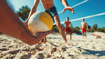 Volleyball player holding ball, close-up of hands and ball. Beach volleyball, summer vacation, active lifestyle