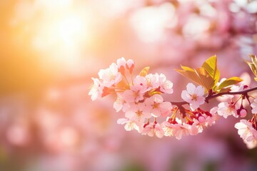 Fototapeta na wymiar Branch of Cherry Tree With Pink Flowers, Spring blossom background Nature scene with blooming tree and sun flare, AI Generated