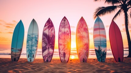Surfboards on the beach at sunset time - Vintage filter effect. Surfboards on the beach. Vacation...