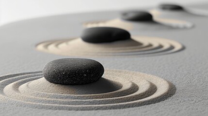 Fototapeta na wymiar A peaceful Zen garden with smooth stones and raked sand on a soft grey background.