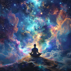 A person meditating in a space nebula, reaching enlightenment - obrazy, fototapety, plakaty