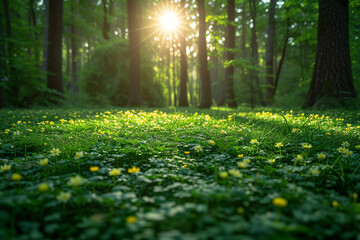 Sunrise in forest illuminating a carpet of white and yellow flowers